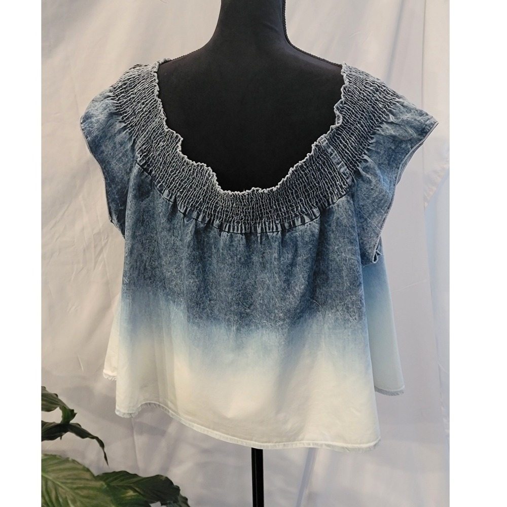 Truth NYC Ombre Acid Wash Smocked Off Shoulder Top Blue White 2X Boho Blouse